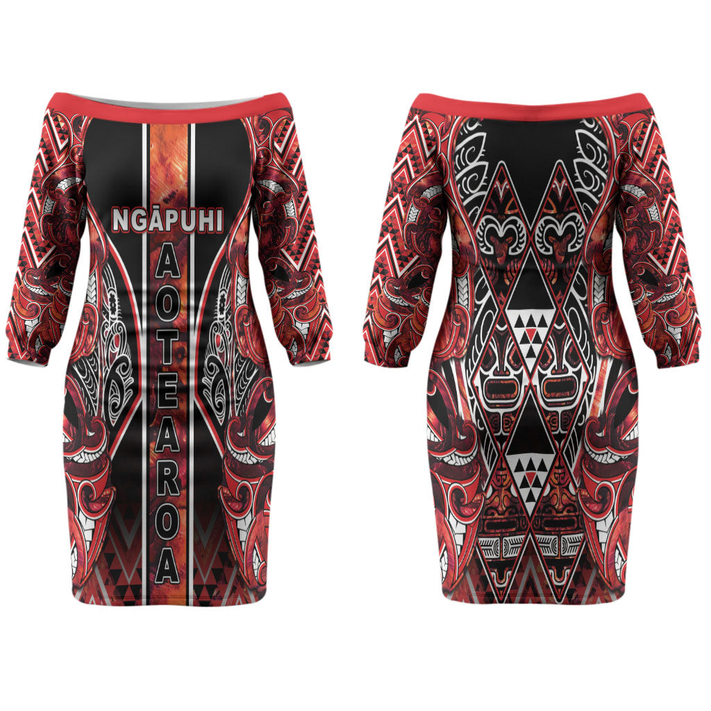 Aotearoa Ngapuhi Family Matching Off The Shoulder Long Sleeve Dress and Hawaiian Shirt Maori Red Tribal Paua Shell Pattern DT05 Mom's Dress Red - Polynesian Pride