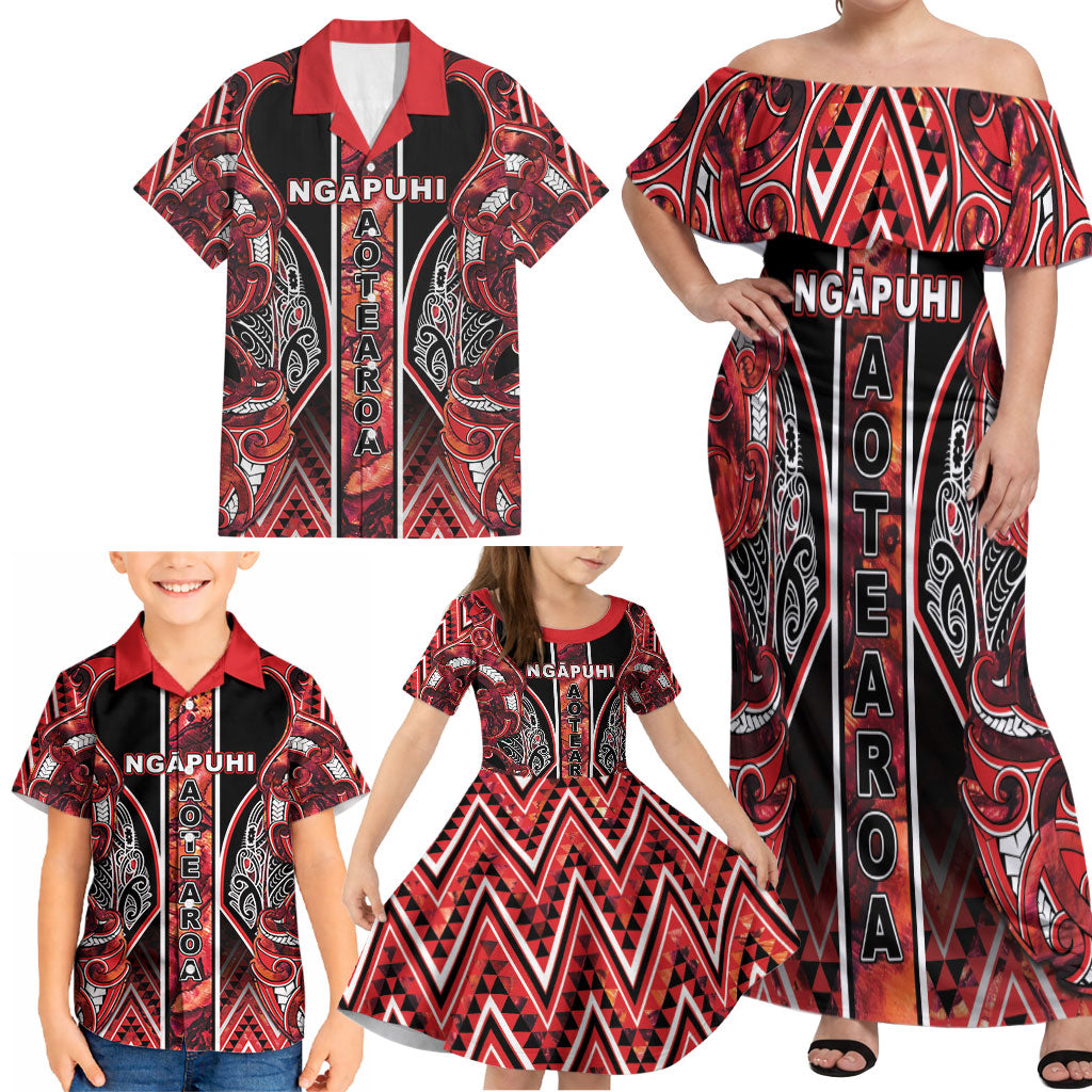 Aotearoa Ngapuhi Family Matching Off Shoulder Maxi Dress and Hawaiian Shirt Maori Red Tribal Paua Shell Pattern DT05 - Polynesian Pride