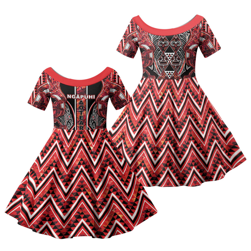 Aotearoa Ngapuhi Family Matching Off Shoulder Maxi Dress and Hawaiian Shirt Maori Red Tribal Paua Shell Pattern DT05 Daughter's Dress Red - Polynesian Pride