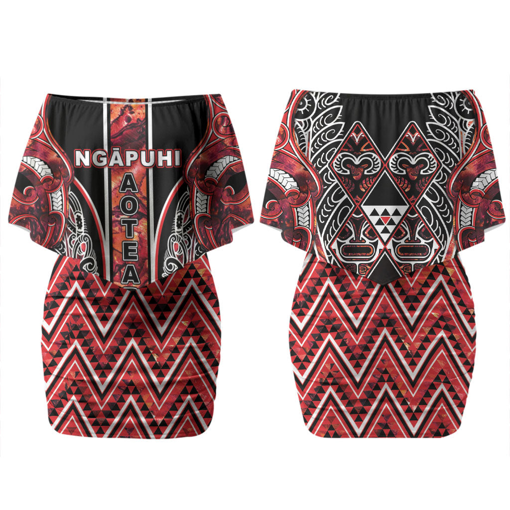 Aotearoa Ngapuhi Family Matching Off Shoulder Short Dress and Hawaiian Shirt Maori Red Tribal Paua Shell Pattern DT05 Mom's Dress Red - Polynesian Pride