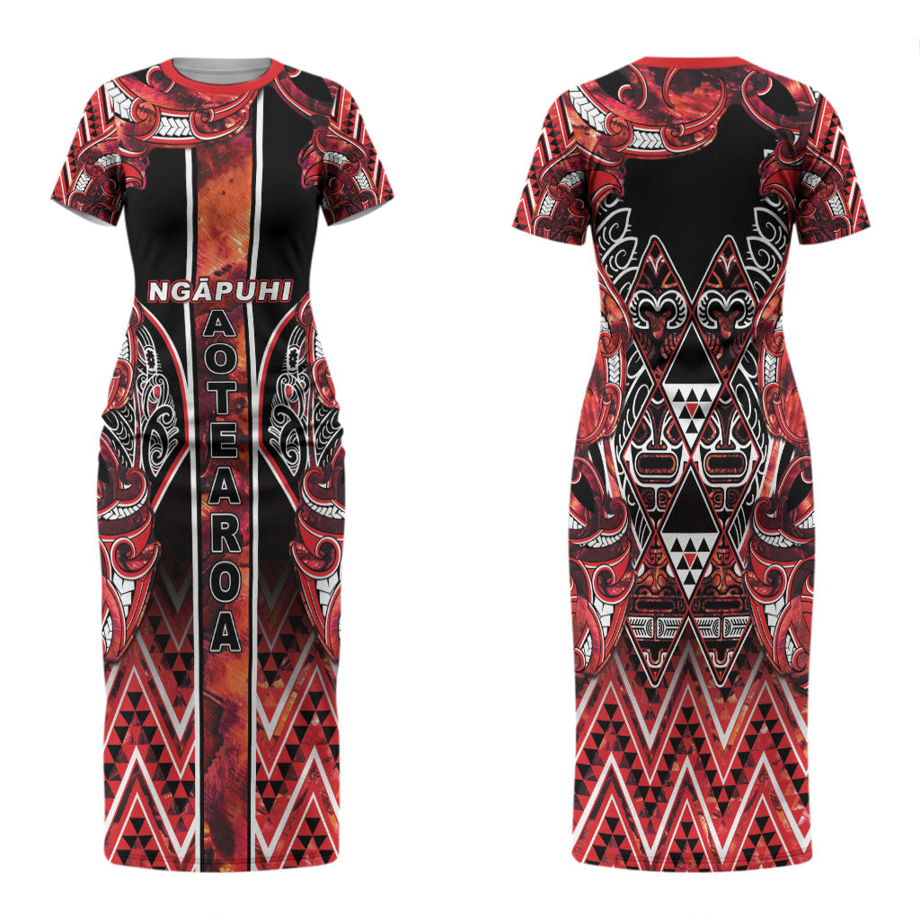Aotearoa Ngapuhi Family Matching Short Sleeve Bodycon Dress and Hawaiian Shirt Maori Red Tribal Paua Shell Pattern DT05 Mom's Dress Red - Polynesian Pride
