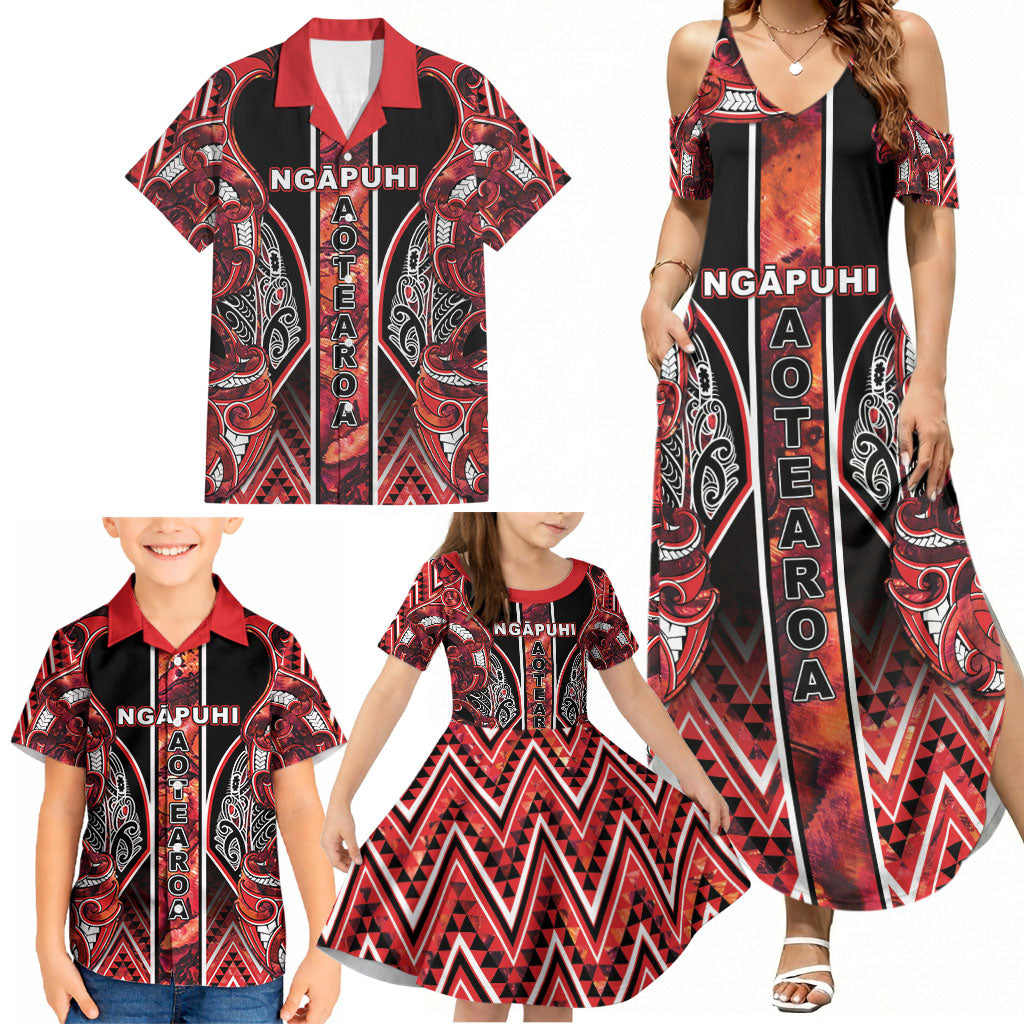 Aotearoa Ngapuhi Family Matching Summer Maxi Dress and Hawaiian Shirt Maori Red Tribal Paua Shell Pattern DT05 - Polynesian Pride