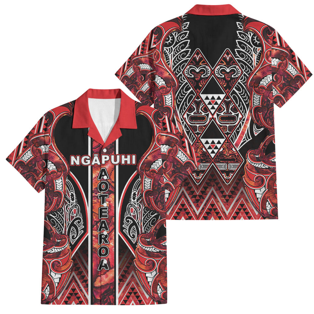 Aotearoa Ngapuhi Family Matching Summer Maxi Dress and Hawaiian Shirt Maori Red Tribal Paua Shell Pattern DT05 Dad's Shirt - Short Sleeve Red - Polynesian Pride