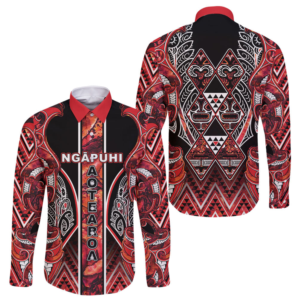 Aotearoa Ngapuhi Family Matching Summer Maxi Dress and Hawaiian Shirt Maori Red Tribal Paua Shell Pattern DT05 Dad's Shirt - Long Sleeve Red - Polynesian Pride