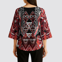 Aotearoa Ngapuhi Kimono Sleeve Blouse Maori Red Tribal Paua Shell Pattern DT05 - Polynesian Pride