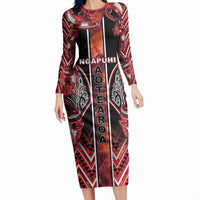 Aotearoa Ngapuhi Long Sleeve Bodycon Dress Maori Red Tribal Paua Shell Pattern DT05 Long Dress Red - Polynesian Pride