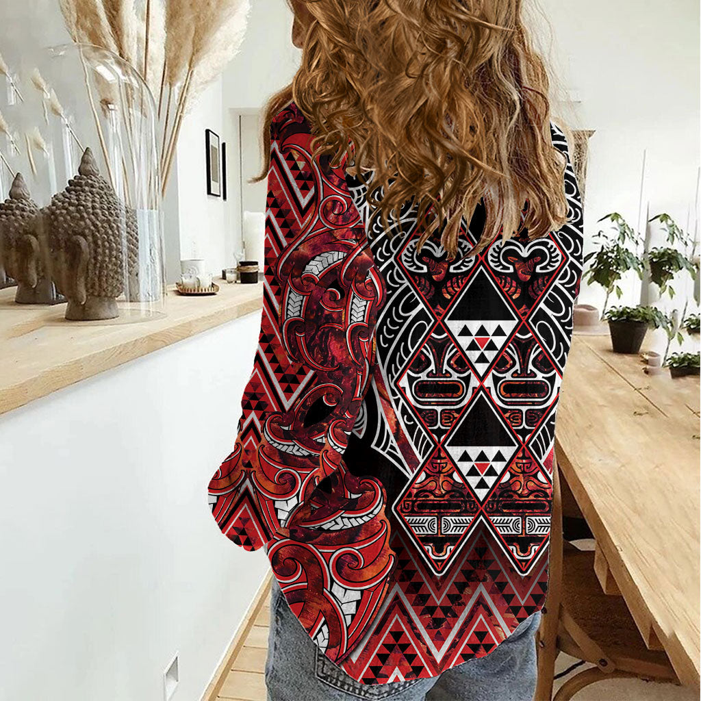 Aotearoa Ngapuhi Women Casual Shirt Maori Red Tribal Paua Shell Pattern DT05 - Polynesian Pride