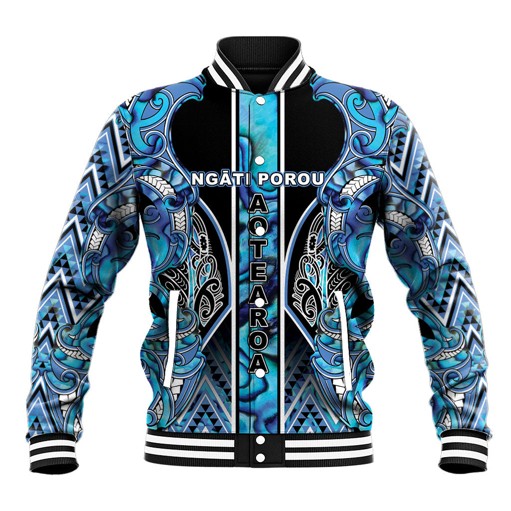 Aotearoa Ngati Porou Baseball Jacket Maori Light Blue Tribal Paua Shell Pattern