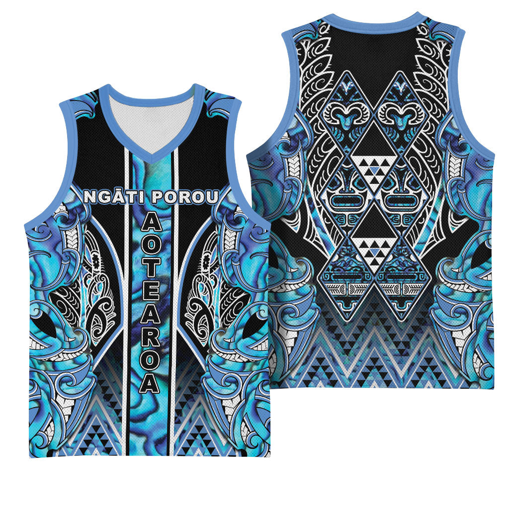 Aotearoa Ngati Porou Basketball Jersey Maori Light Blue Tribal Paua Shell Pattern DT05 - Polynesian Pride