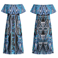 Aotearoa Ngati Porou Couples Matching Off Shoulder Maxi Dress and Hawaiian Shirt Maori Light Blue Tribal Paua Shell Pattern DT05 - Polynesian Pride