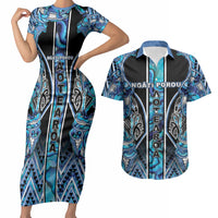 Aotearoa Ngati Porou Couples Matching Short Sleeve Bodycon Dress and Hawaiian Shirt Maori Light Blue Tribal Paua Shell Pattern DT05 Blue - Polynesian Pride
