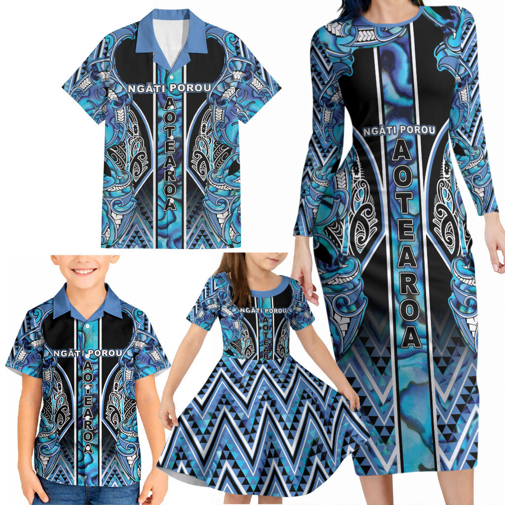 Aotearoa Ngati Porou Family Matching Long Sleeve Bodycon Dress and Hawaiian Shirt Maori Light Blue Tribal Paua Shell Pattern DT05 - Polynesian Pride
