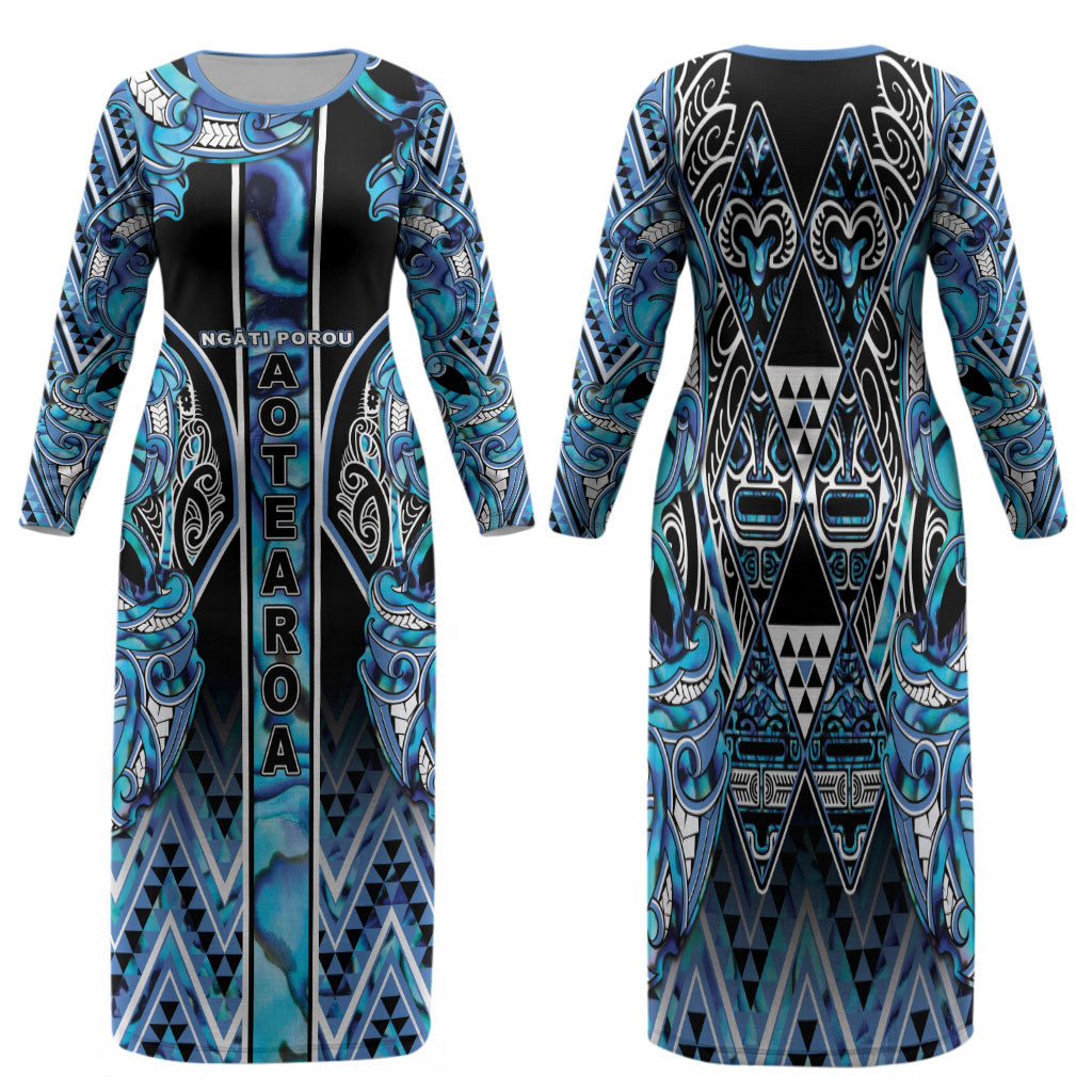 Aotearoa Ngati Porou Family Matching Long Sleeve Bodycon Dress and Hawaiian Shirt Maori Light Blue Tribal Paua Shell Pattern DT05 Mom's Dress Blue - Polynesian Pride