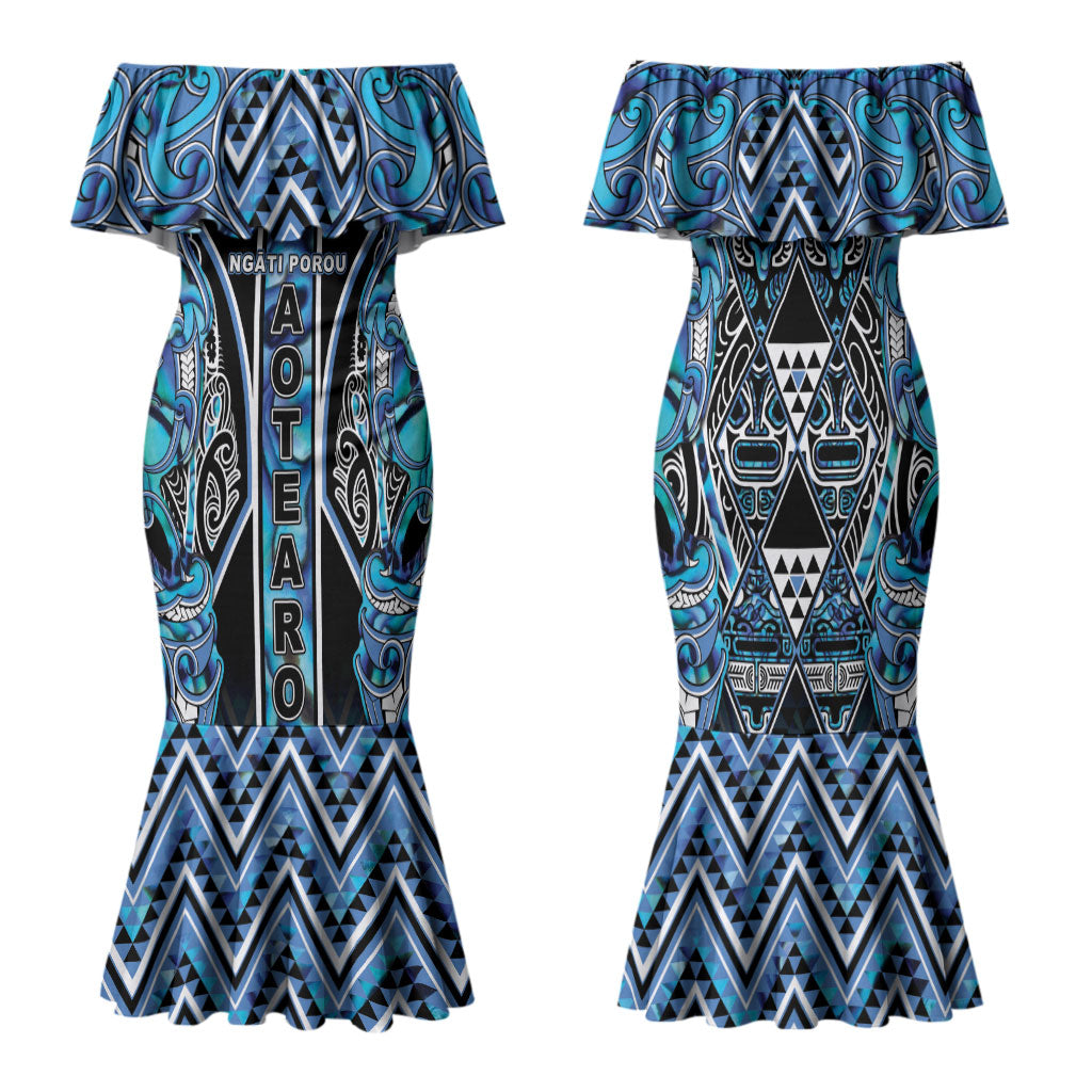 Aotearoa Ngati Porou Family Matching Mermaid Dress and Hawaiian Shirt Maori Light Blue Tribal Paua Shell Pattern DT05 Mom's Dress Blue - Polynesian Pride
