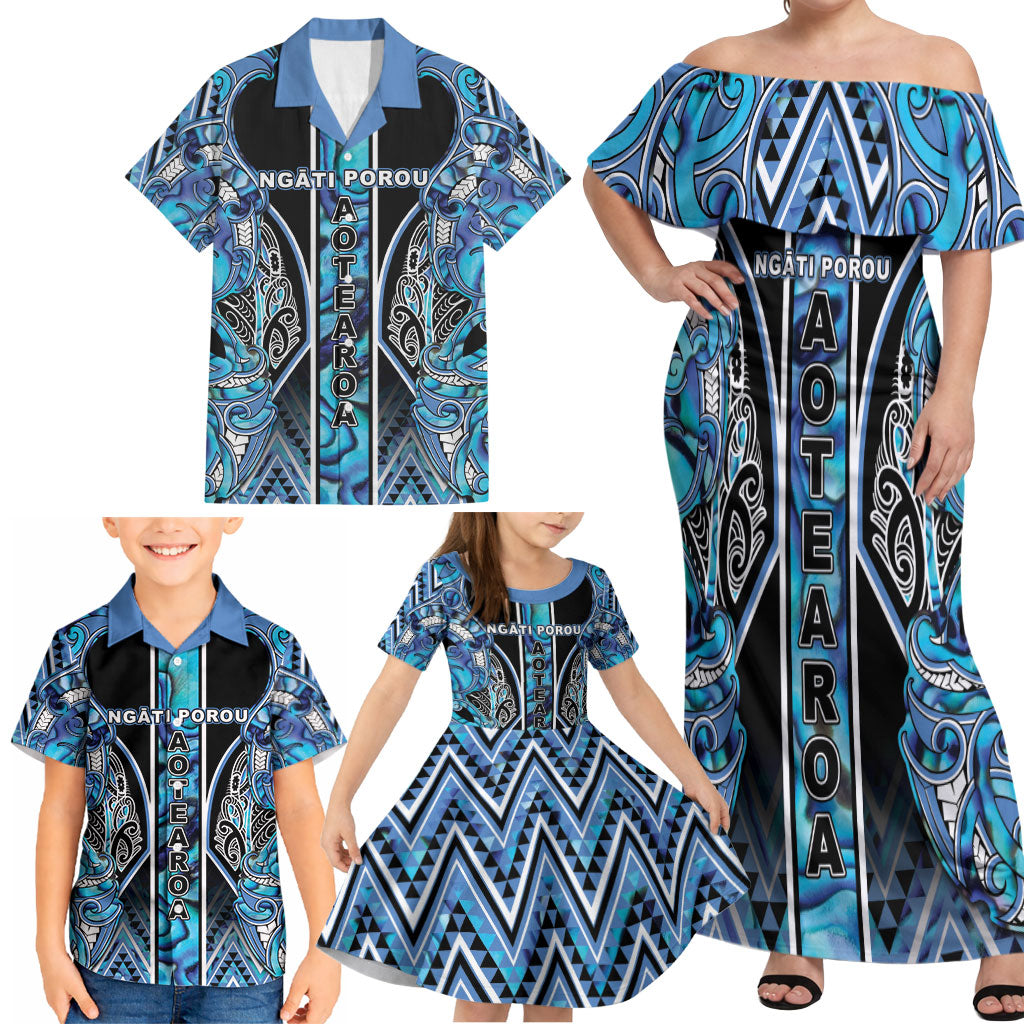 Aotearoa Ngati Porou Family Matching Off Shoulder Maxi Dress and Hawaiian Shirt Maori Light Blue Tribal Paua Shell Pattern DT05 - Polynesian Pride