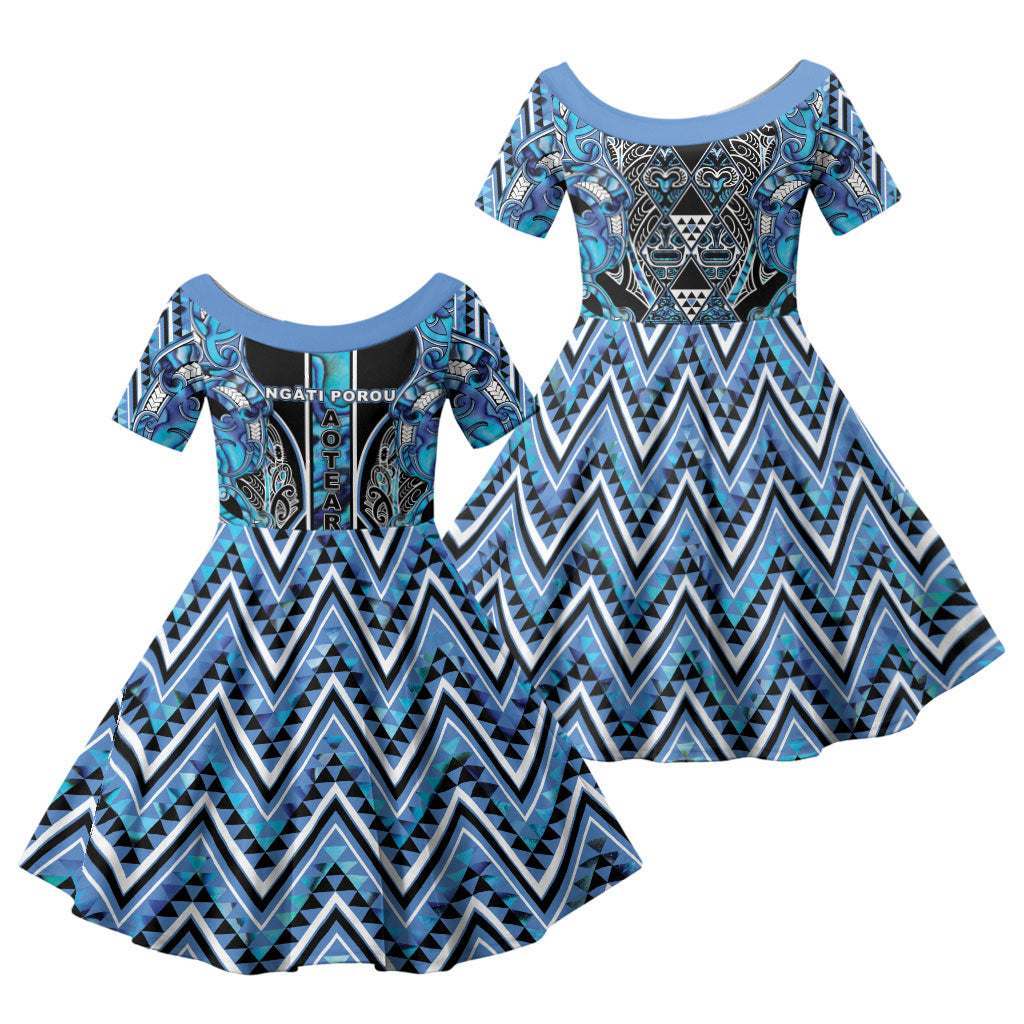 Aotearoa Ngati Porou Family Matching Off Shoulder Maxi Dress and Hawaiian Shirt Maori Light Blue Tribal Paua Shell Pattern DT05 Daughter's Dress Blue - Polynesian Pride