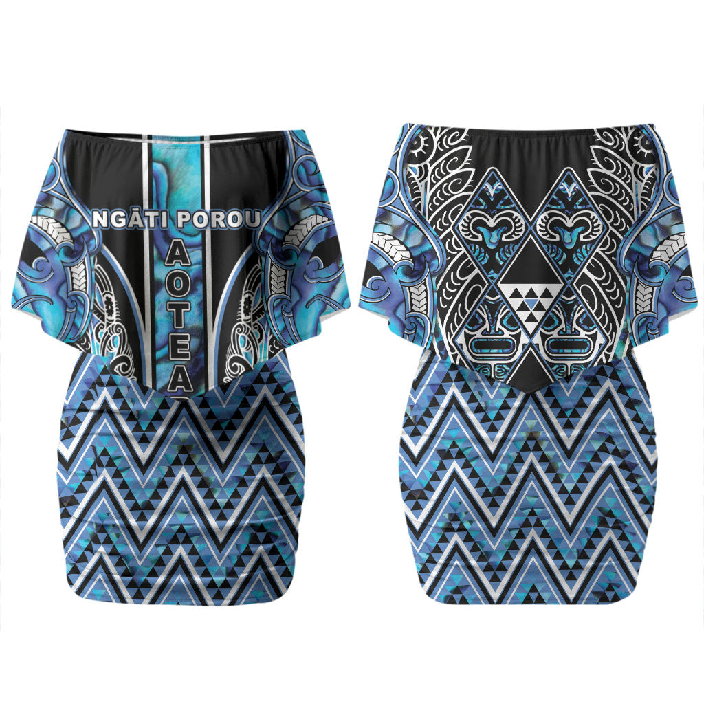 Aotearoa Ngati Porou Family Matching Off Shoulder Short Dress and Hawaiian Shirt Maori Light Blue Tribal Paua Shell Pattern DT05 Mom's Dress Blue - Polynesian Pride