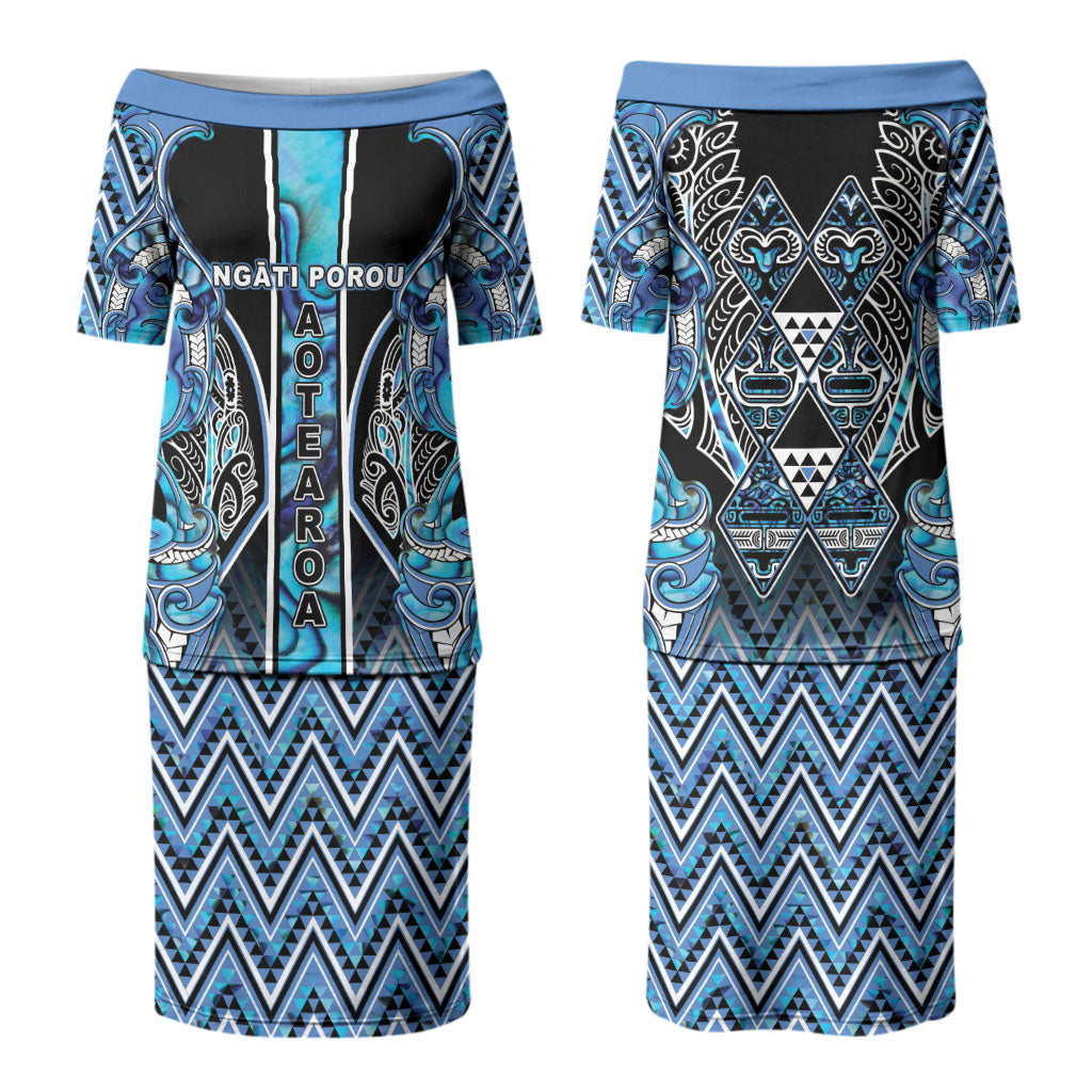 Aotearoa Ngati Porou Family Matching Puletasi and Hawaiian Shirt Maori Light Blue Tribal Paua Shell Pattern DT05 Mom's Dress Blue - Polynesian Pride
