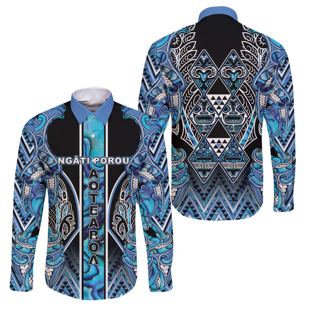 Aotearoa Ngati Porou Family Matching Puletasi and Hawaiian Shirt Maori Light Blue Tribal Paua Shell Pattern DT05 Dad's Shirt - Long Sleeve Blue - Polynesian Pride