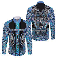 Aotearoa Ngati Porou Family Matching Puletasi and Hawaiian Shirt Maori Light Blue Tribal Paua Shell Pattern DT05 Dad's Shirt - Long Sleeve Blue - Polynesian Pride