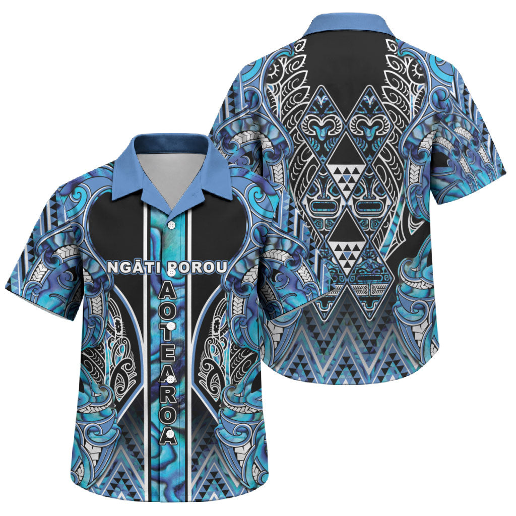 Aotearoa Ngati Porou Family Matching Puletasi and Hawaiian Shirt Maori Light Blue Tribal Paua Shell Pattern DT05 Son's Shirt Blue - Polynesian Pride