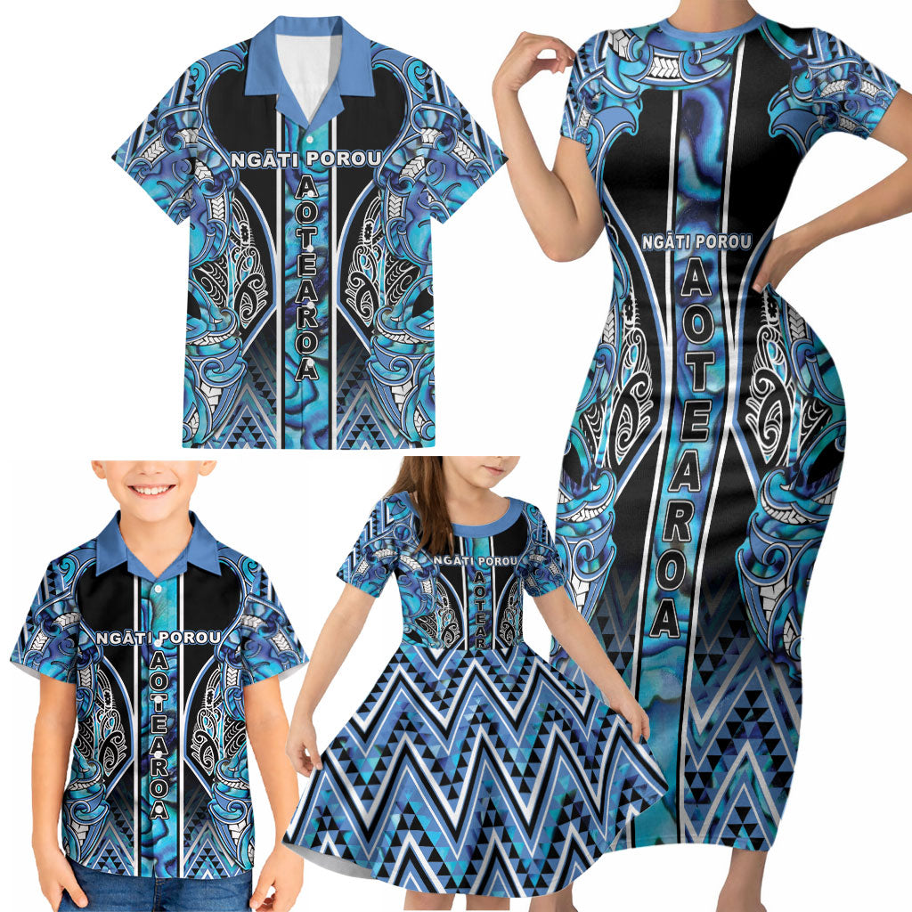 Aotearoa Ngati Porou Family Matching Short Sleeve Bodycon Dress and Hawaiian Shirt Maori Light Blue Tribal Paua Shell Pattern DT05 - Polynesian Pride
