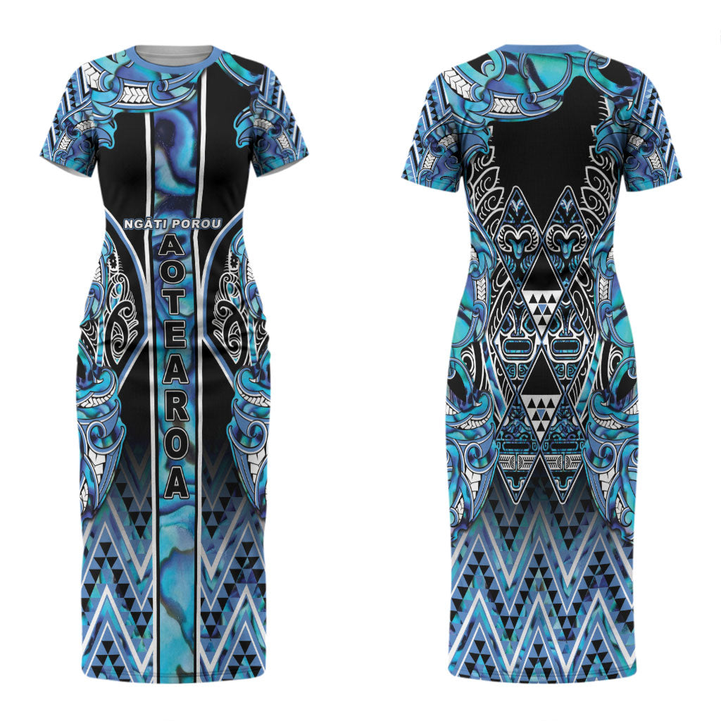Aotearoa Ngati Porou Family Matching Short Sleeve Bodycon Dress and Hawaiian Shirt Maori Light Blue Tribal Paua Shell Pattern DT05 Mom's Dress Blue - Polynesian Pride