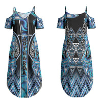 Aotearoa Ngati Porou Family Matching Summer Maxi Dress and Hawaiian Shirt Maori Light Blue Tribal Paua Shell Pattern DT05 Mom's Dress Blue - Polynesian Pride