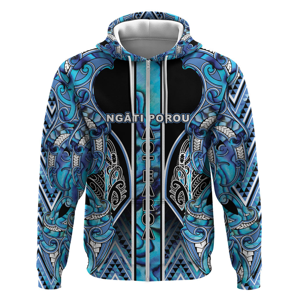 Aotearoa Ngati Porou Hoodie Maori Light Blue Tribal Paua Shell Pattern DT05 Zip Hoodie Blue - Polynesian Pride
