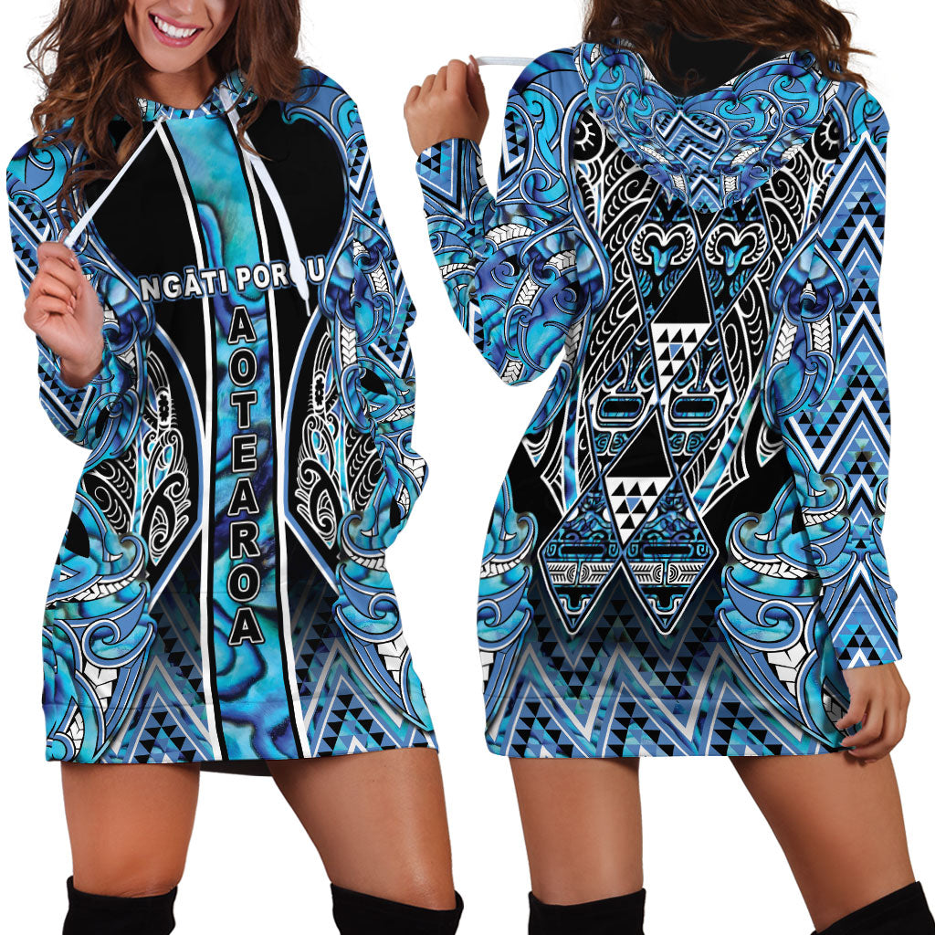 Aotearoa Ngati Porou Hoodie Dress Maori Light Blue Tribal Paua Shell Pattern DT05 - Polynesian Pride
