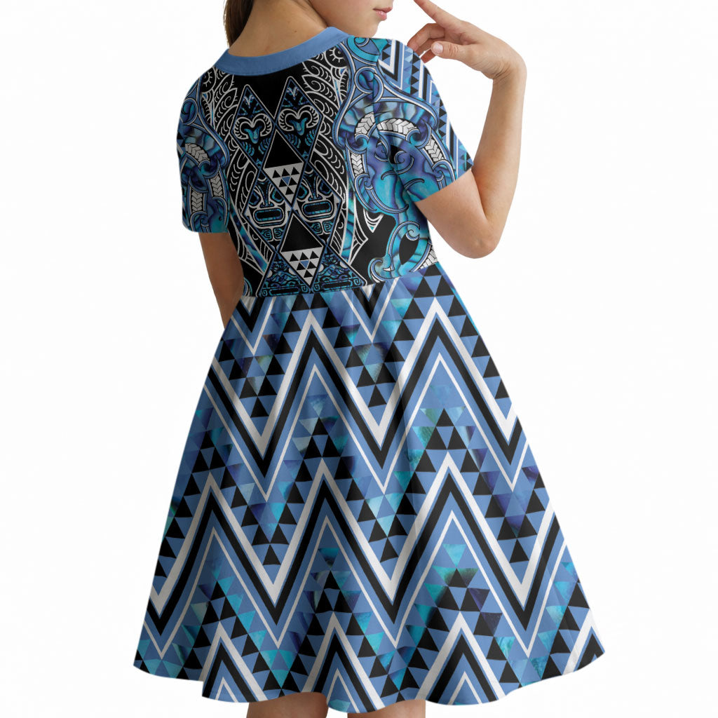 Aotearoa Ngati Porou Kid Short Sleeve Dress Maori Light Blue Tribal Paua Shell Pattern DT05 - Polynesian Pride