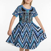 Aotearoa Ngati Porou Kid Short Sleeve Dress Maori Light Blue Tribal Paua Shell Pattern DT05 - Polynesian Pride