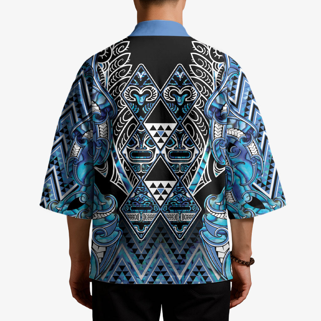 Aotearoa Ngati Porou Kimono Maori Light Blue Tribal Paua Shell Pattern DT05 - Polynesian Pride