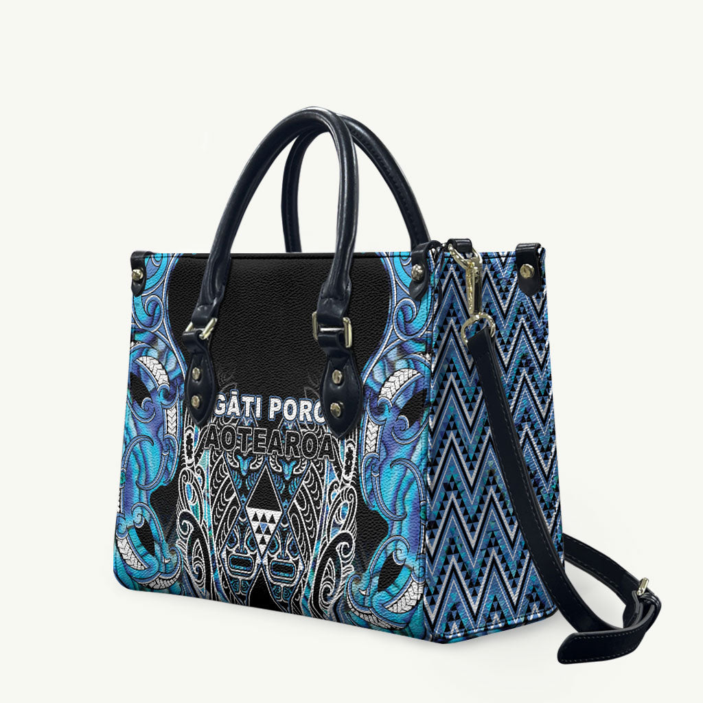 Aotearoa Ngati Porou Leather Bag Maori Light Blue Tribal Paua Shell Pattern