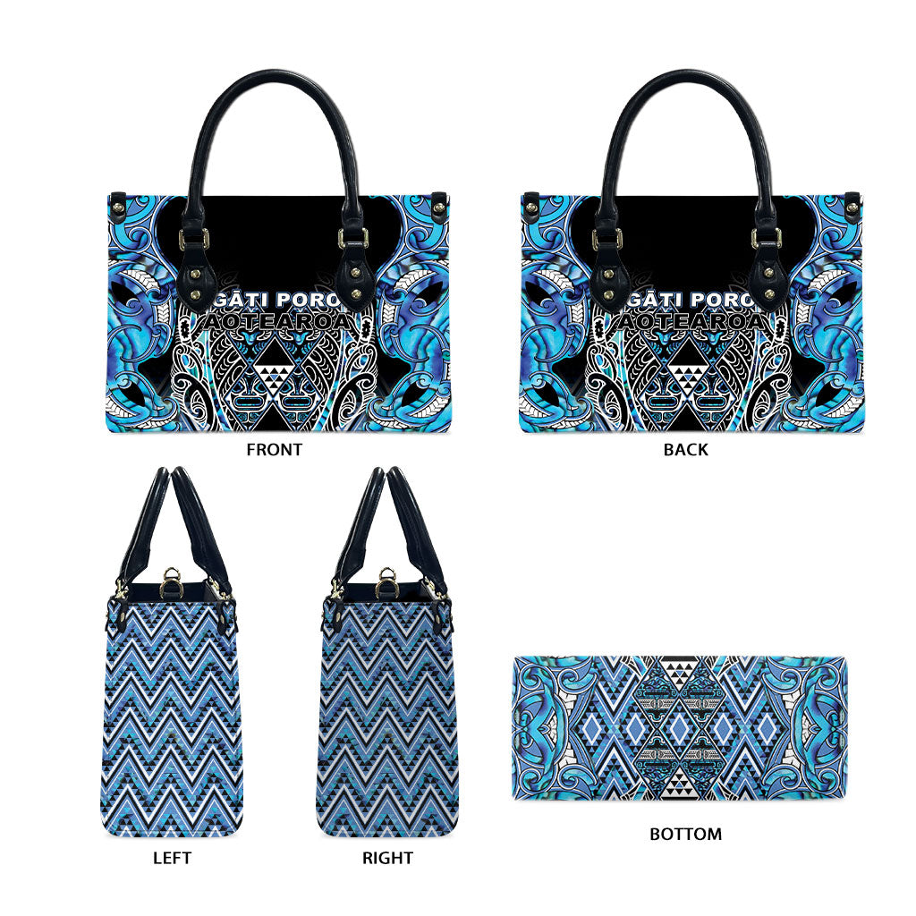 Aotearoa Ngati Porou Leather Bag Maori Light Blue Tribal Paua Shell Pattern DT05 - Polynesian Pride