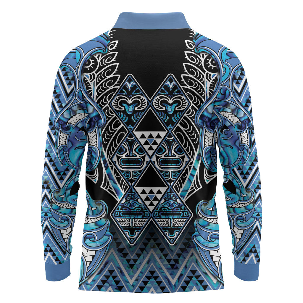 Aotearoa Ngati Porou Long Sleeve Polo Shirt Maori Light Blue Tribal Paua Shell Pattern DT05 - Polynesian Pride