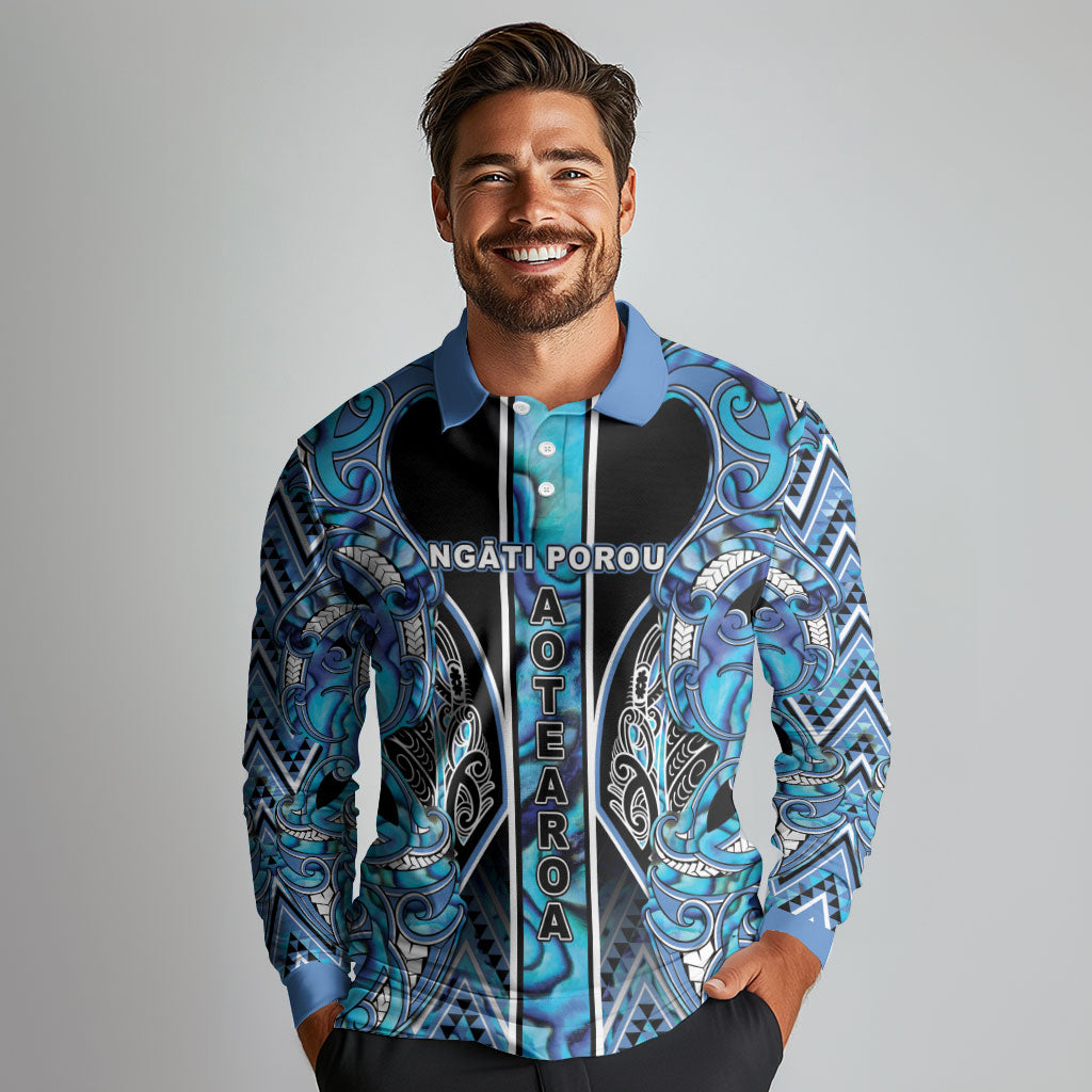 Aotearoa Ngati Porou Long Sleeve Polo Shirt Maori Light Blue Tribal Paua Shell Pattern DT05 - Polynesian Pride