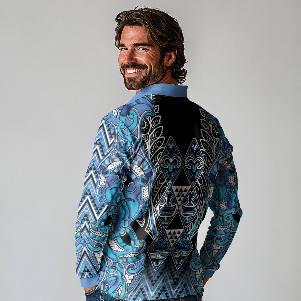 Aotearoa Ngati Porou Long Sleeve Polo Shirt Maori Light Blue Tribal Paua Shell Pattern DT05 - Polynesian Pride