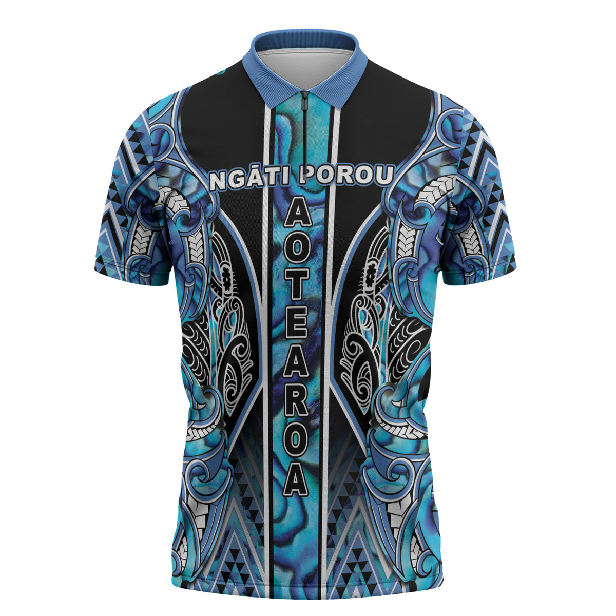 Aotearoa Ngati Porou Zipper Polo Shirt Maori Light Blue Tribal Paua Shell Pattern DT05 Blue - Polynesian Pride