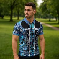 Aotearoa Ngati Porou Zipper Polo Shirt Maori Light Blue Tribal Paua Shell Pattern DT05 - Polynesian Pride