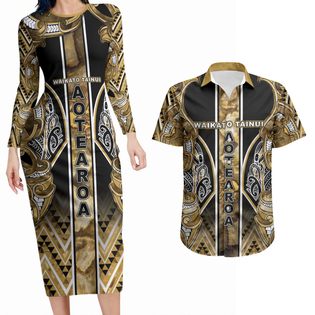 Aotearoa Waikato Tainui Couples Matching Long Sleeve Bodycon Dress and Hawaiian Shirt Maori Light Gold Tribal Paua Shell Pattern DT05 Yellow - Polynesian Pride