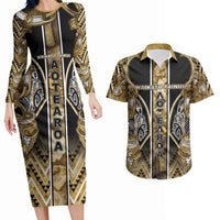 Aotearoa Waikato Tainui Couples Matching Long Sleeve Bodycon Dress and Hawaiian Shirt Maori Light Gold Tribal Paua Shell Pattern DT05 Yellow - Polynesian Pride