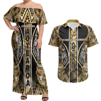 Aotearoa Waikato Tainui Couples Matching Off Shoulder Maxi Dress and Hawaiian Shirt Maori Light Gold Tribal Paua Shell Pattern DT05 Yellow - Polynesian Pride