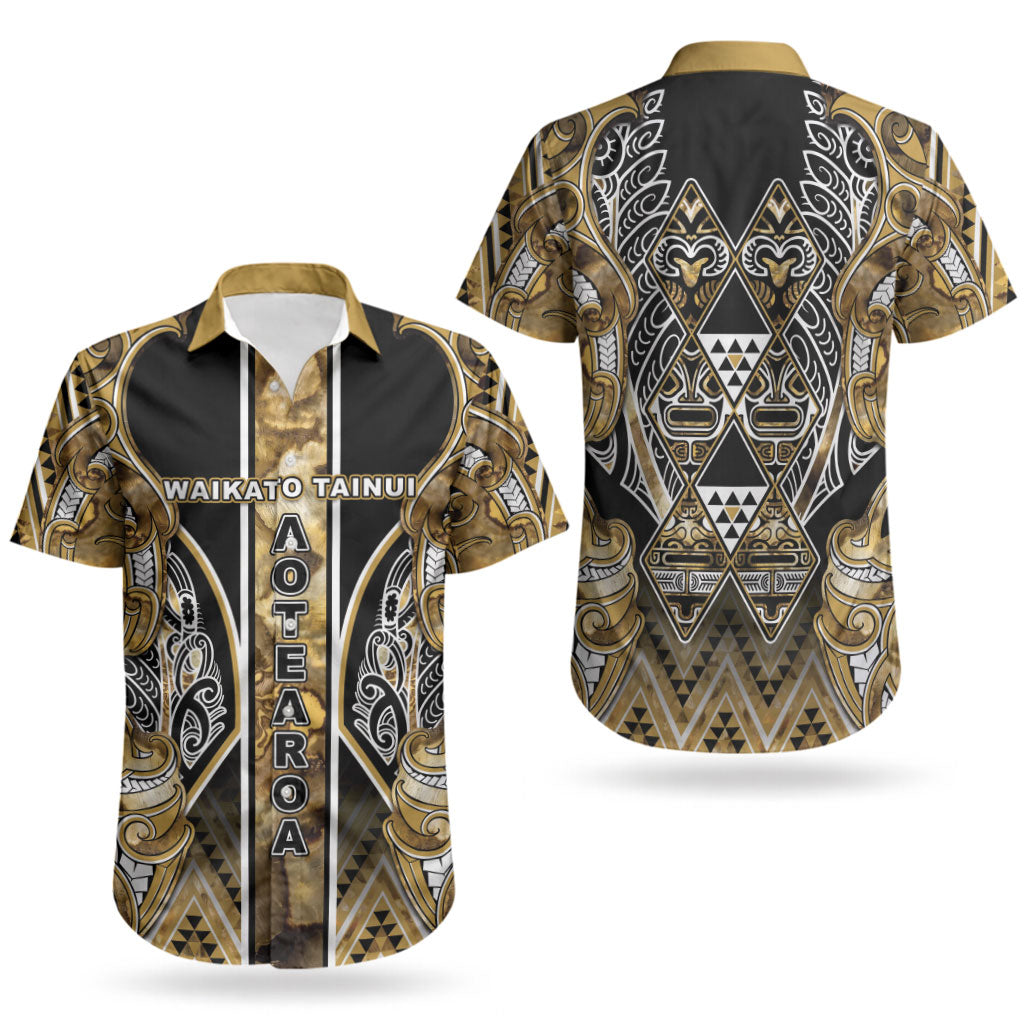 Aotearoa Waikato Tainui Couples Matching Off Shoulder Maxi Dress and Hawaiian Shirt Maori Light Gold Tribal Paua Shell Pattern DT05 - Polynesian Pride