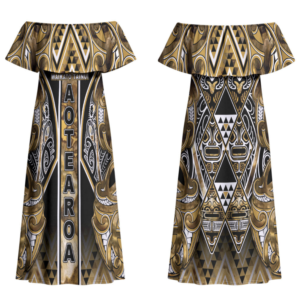 Aotearoa Waikato Tainui Couples Matching Off Shoulder Maxi Dress and Hawaiian Shirt Maori Light Gold Tribal Paua Shell Pattern DT05 - Polynesian Pride