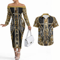 Aotearoa Waikato Tainui Couples Matching Off The Shoulder Long Sleeve Dress and Hawaiian Shirt Maori Light Gold Tribal Paua Shell Pattern DT05 Yellow - Polynesian Pride