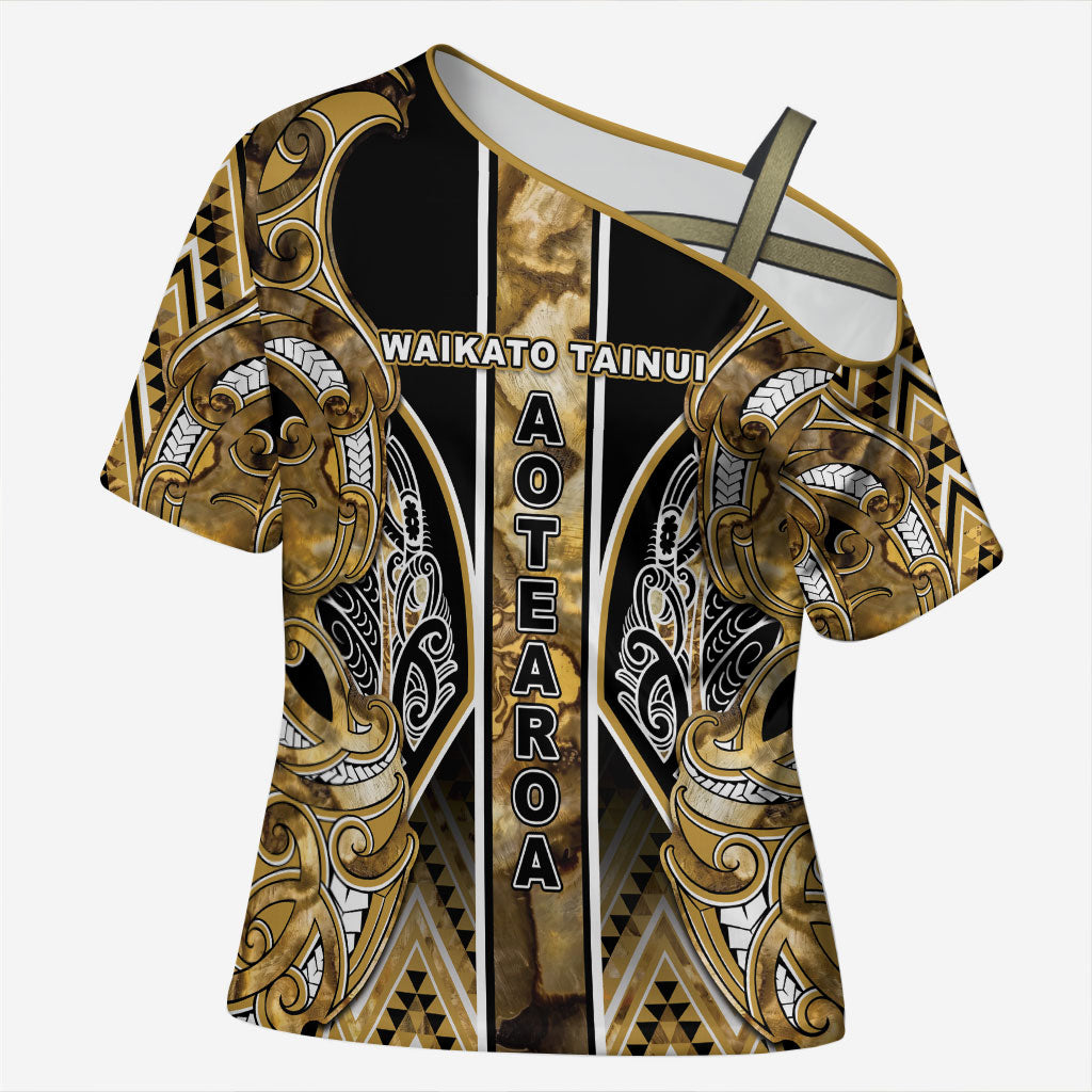Aotearoa Waikato Tainui Cross Shoulder Shirt Maori Light Gold Tribal Paua Shell Pattern