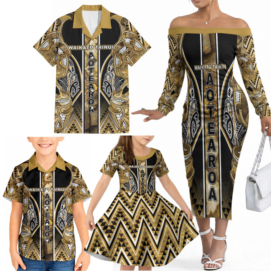 Aotearoa Waikato Tainui Family Matching Off The Shoulder Long Sleeve Dress and Hawaiian Shirt Maori Light Gold Tribal Paua Shell Pattern DT05 - Polynesian Pride
