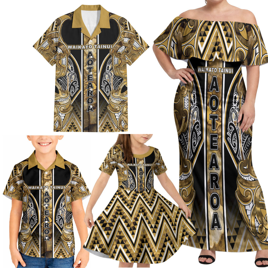Aotearoa Waikato Tainui Family Matching Off Shoulder Maxi Dress and Hawaiian Shirt Maori Light Gold Tribal Paua Shell Pattern DT05 - Polynesian Pride