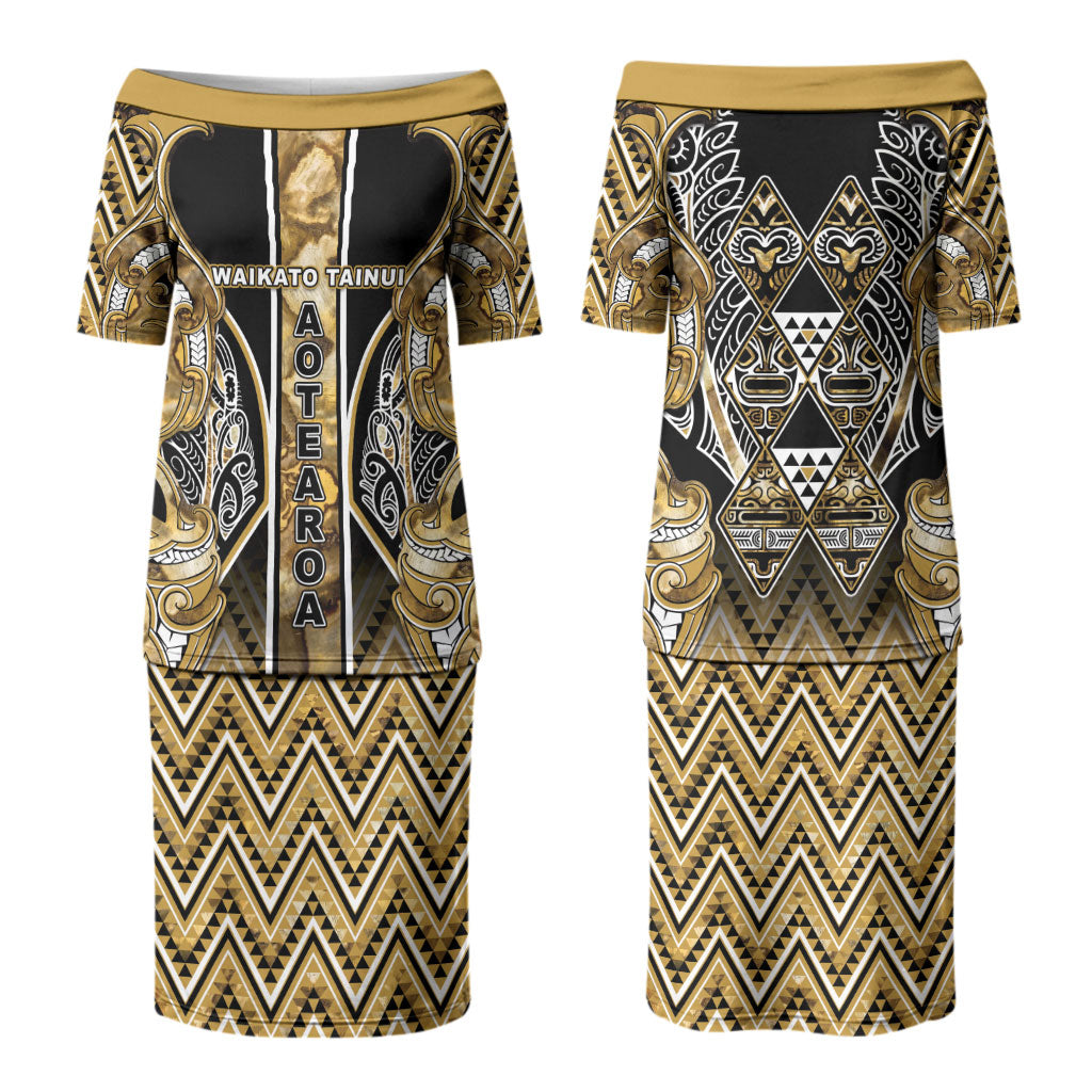 Aotearoa Waikato Tainui Family Matching Puletasi and Hawaiian Shirt Maori Light Gold Tribal Paua Shell Pattern DT05 Mom's Dress Yellow - Polynesian Pride